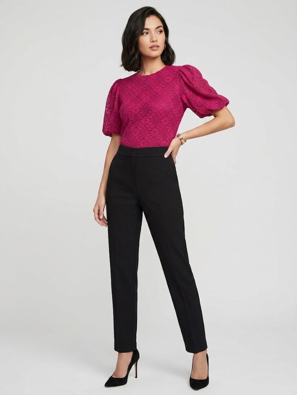 NWT BCBG Floral Lace Puff Short Sleeve Top